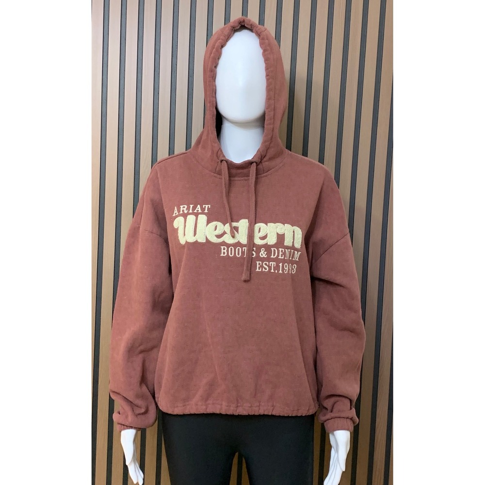 Ariat Western Boots & Denim Graphic Hoodie Clay Pink Fleece Sweatshirt Large
